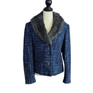 Nine West Tweed Blazer Style Jacket With Fur Collar Size 12